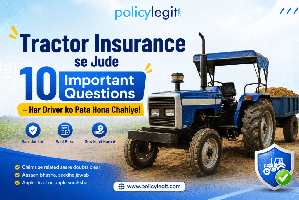 A tractor on right side and title 10 important question related to tractor insurance